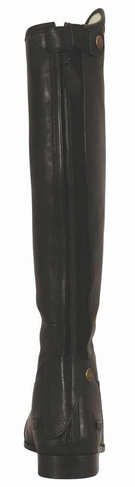 Black leather tall dress boot rear view, rear seam and top strap with buckle