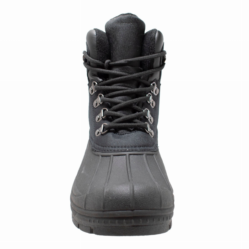 Men's black lace-up winter boots front view with metal eyelets and padded lining