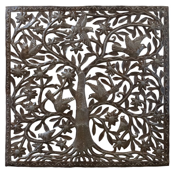 Large square Tree of Life metal wall decor panel, dark gray ornate cutout