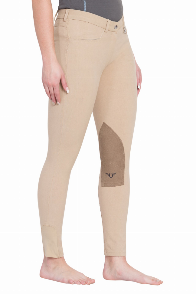 Tan ladies breeches with suede-style knee patches and front button closure