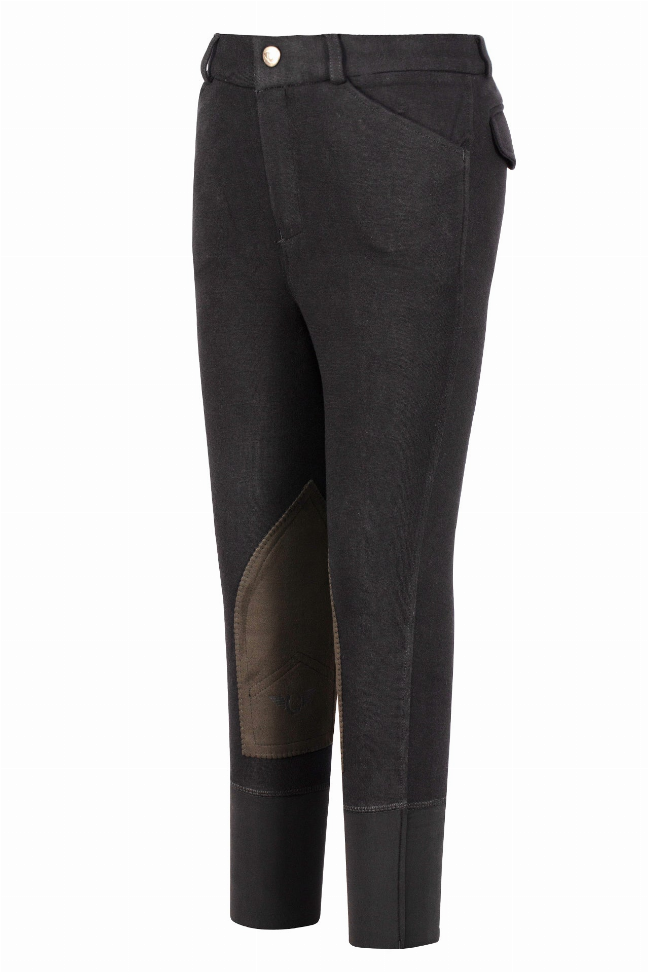 Boys' dark knee-patch breeches with tan reinforcement at the light knee