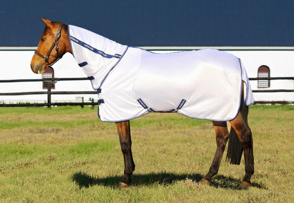 White sport mesh combo-neck fly sheet for horse, side view with leg straps.