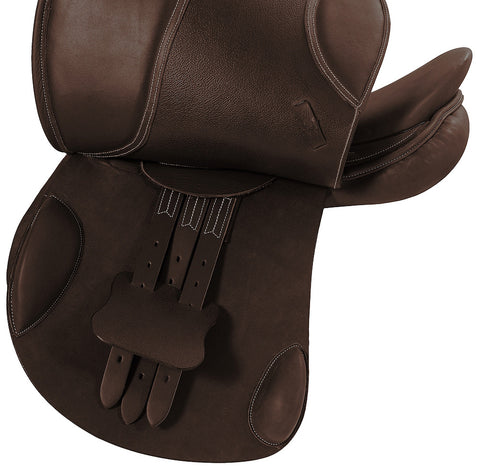 Dark brown close contact jumping saddle underside with girth straps and stirrup leathers