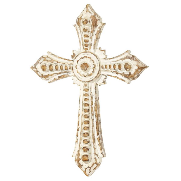 Resin wall cross with circular medallion, patterned arms and vertical border, white and brown wash