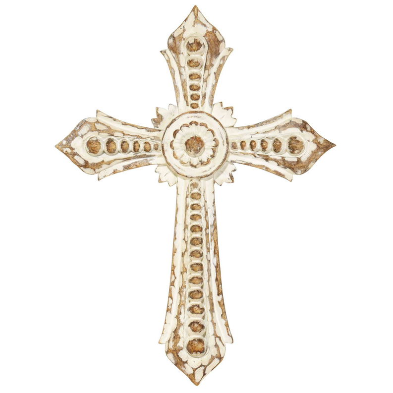 Resin wall cross with distressed white and brown wash, circular center and carved details
