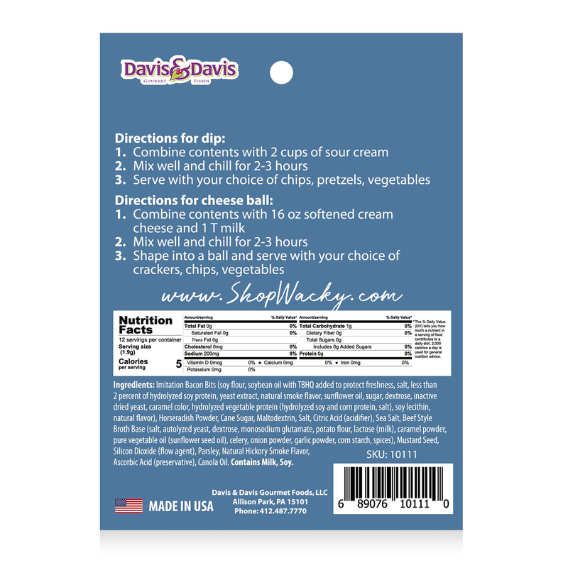 Bacon horseradish dip mix packet back with directions, nutrition table, and barcode.