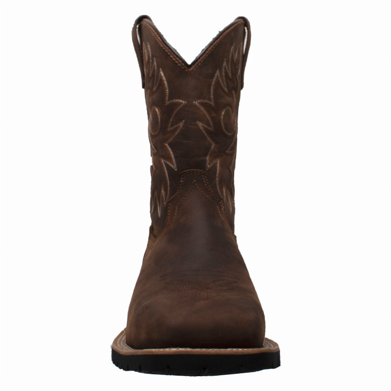 Dark brown western work boots heel view with embroidered shaft and thick rubber sole