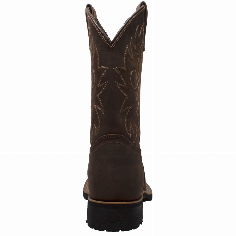 Men's steel toe western work boot, heel and quarter side view in brown with flame stitching