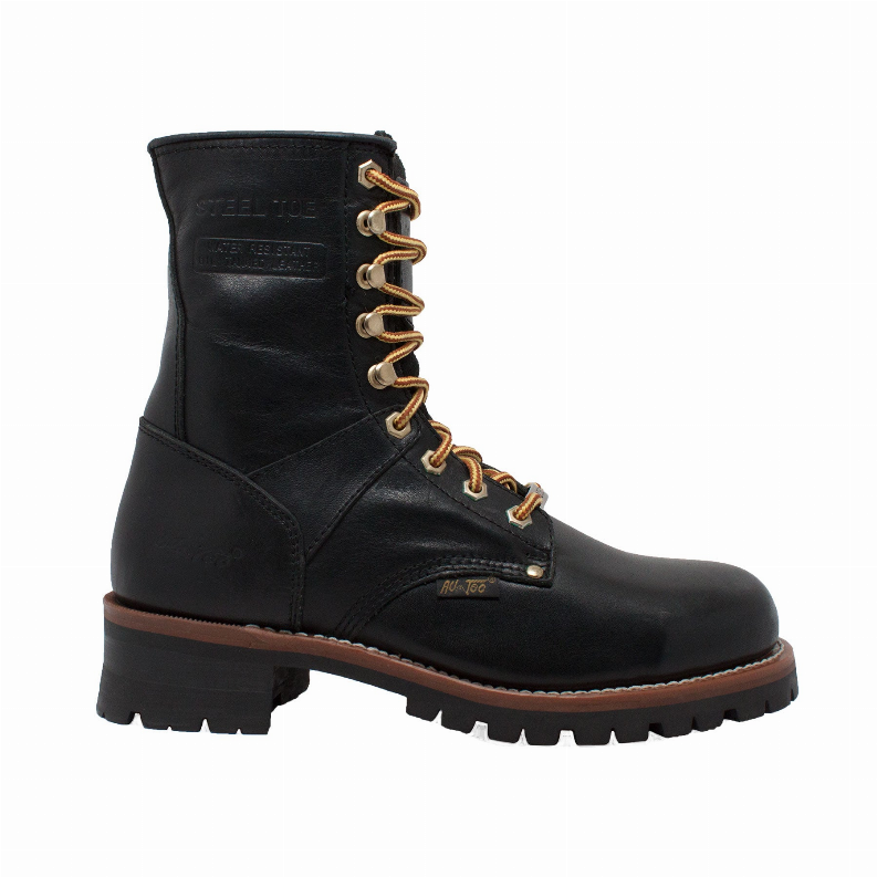 Waterproof steel toe logger boots side view with lace eyelets and steel toe label