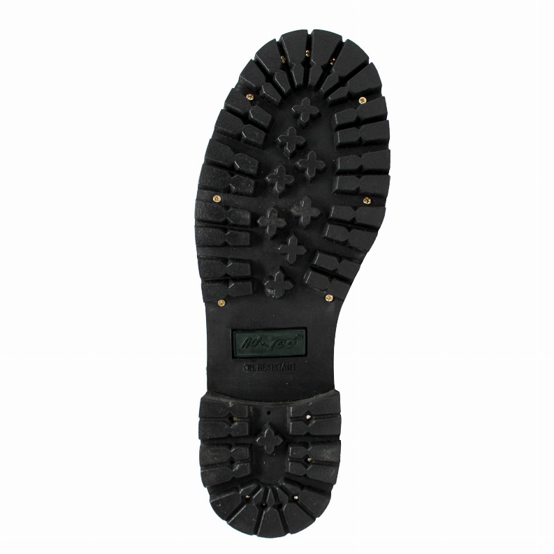 Waterproof steel toe logger boots outsole, rugged tread pattern and logo patch