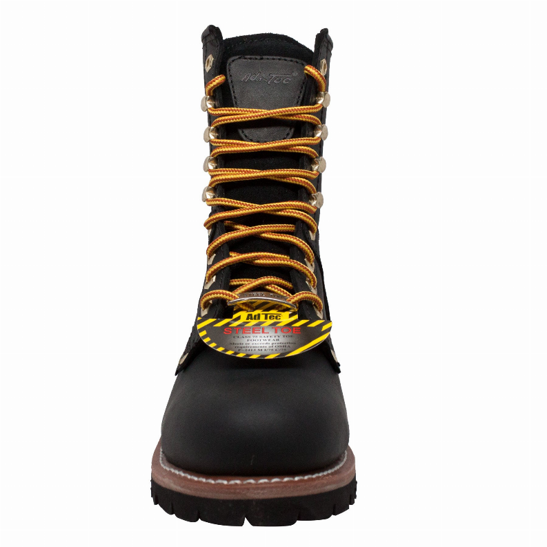 Waterproof steel toe logger boots front view with tan-and-orange lace-up