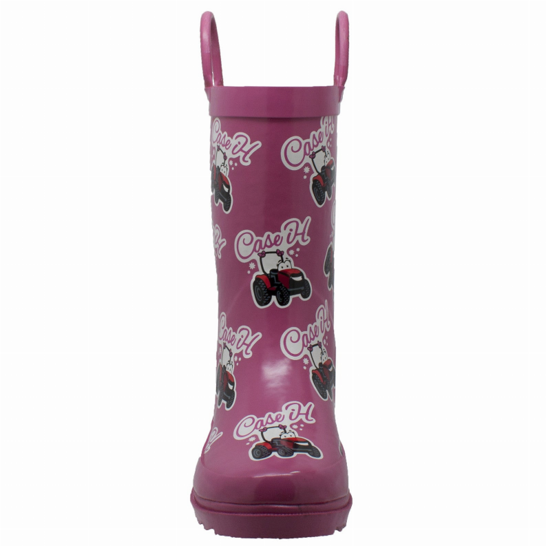 Toddler pink rubber boot with fun cartoon graphics and tall pull-on shaft