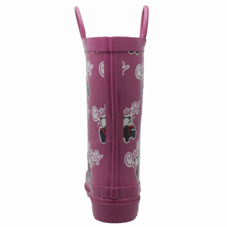 Toddler pink rubber boot with tall back seam and pull-on loops