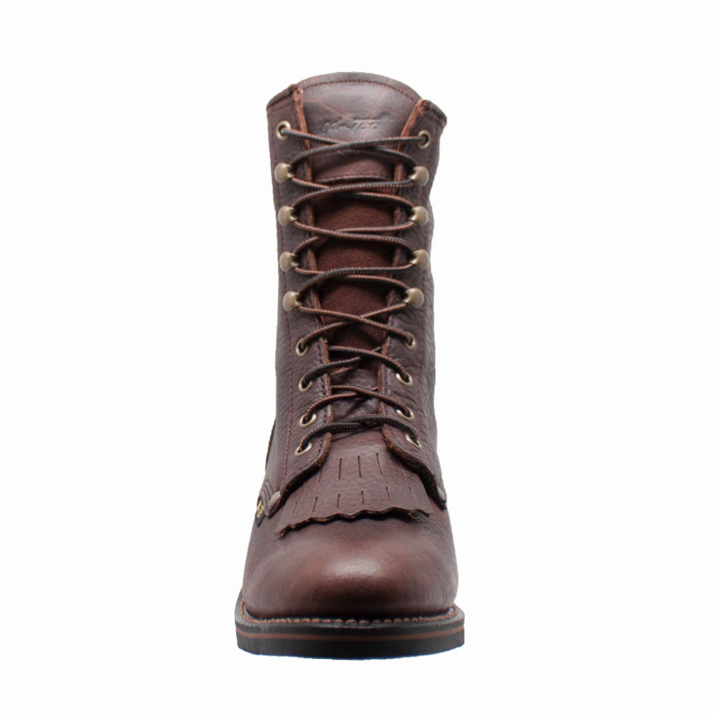 Men's 9-inch packer boot front view, dark brown leather with long lace-up