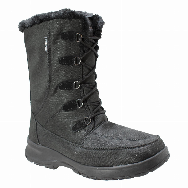 Women's winter boot in dark gray fabric with faux-fur cuff, lace-up front and rugged sole