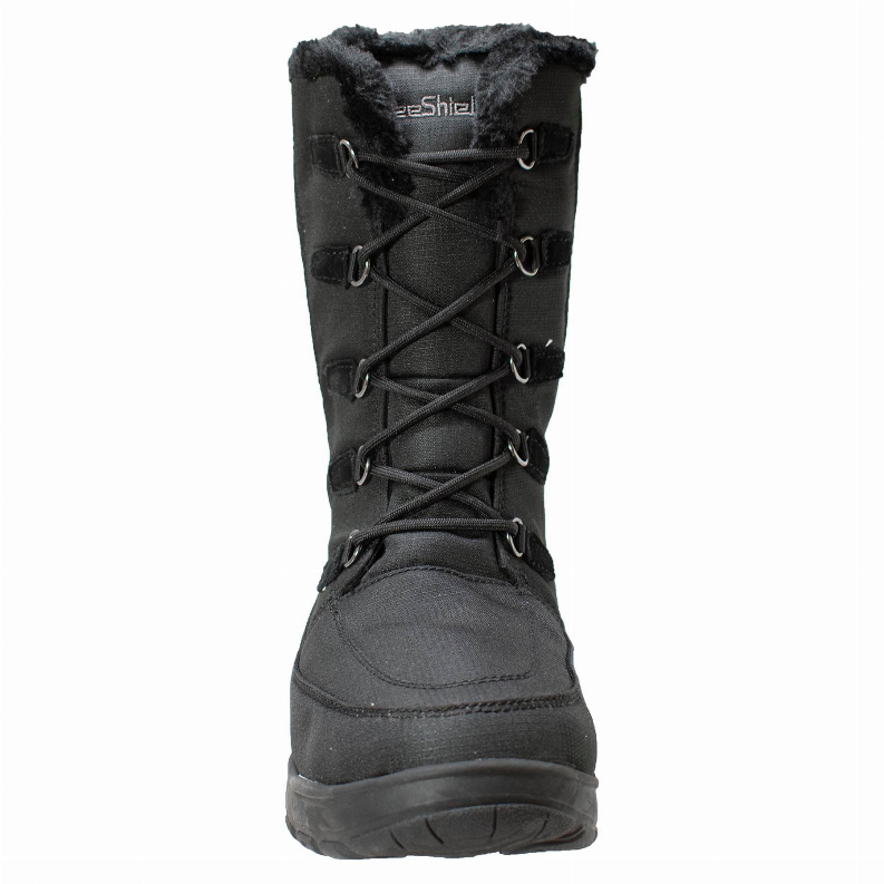 Women's winter boot front view, dark gray lace-up with faux-fur top and cushioned sole