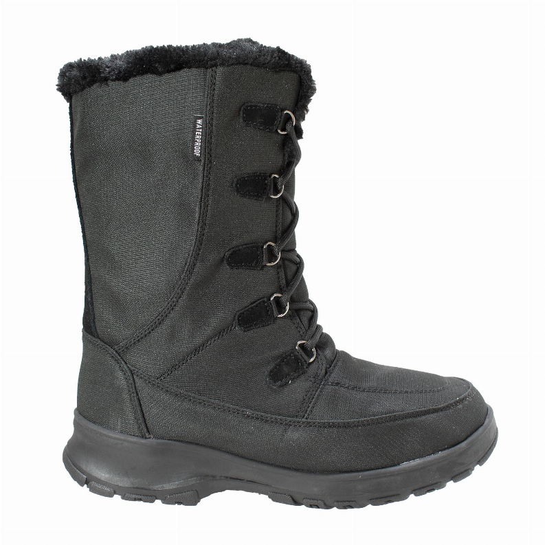 Women's winter boot side view, dark gray upper with faux-fur cuff and suede-look trim