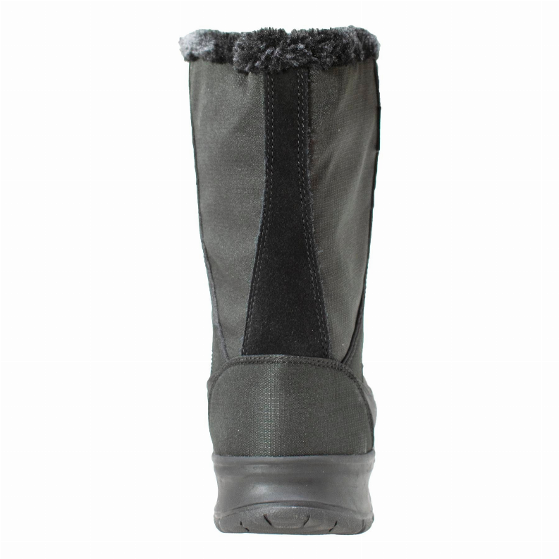Women's winter boot heel view, dark gray upper with faux-fur collar and padded rubber sole