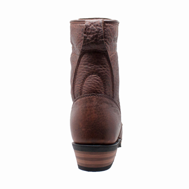 Brown 9-inch packer boots, heel and rear shaft view with ribbed rubber sole