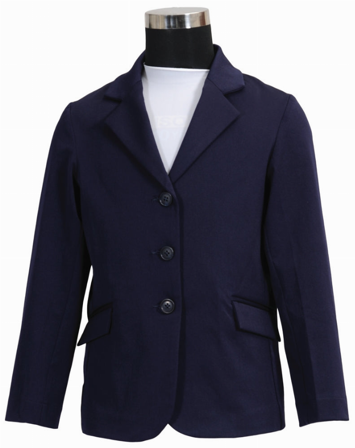 Children's show coat in dark navy with front buttons, notch lapels, and side pockets