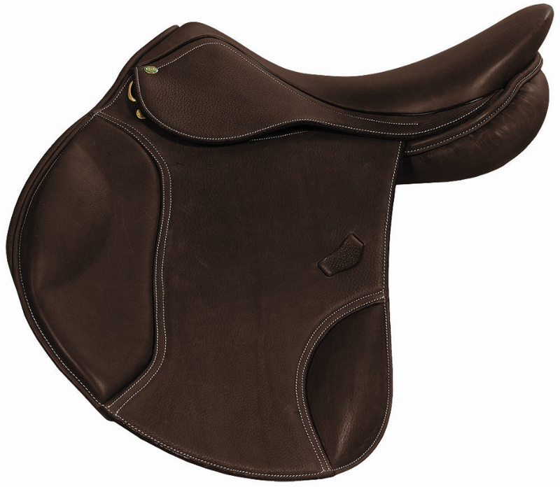 Brown leather close contact jumping saddle with stitched edges and cantle