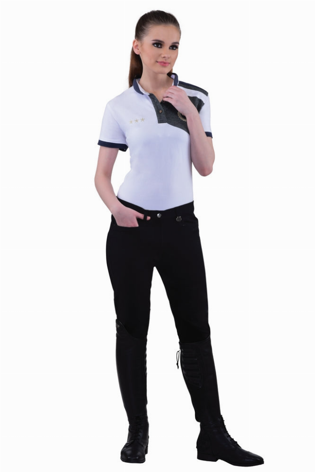Ladies black knee patch breeches with belt loops and snap cuff details