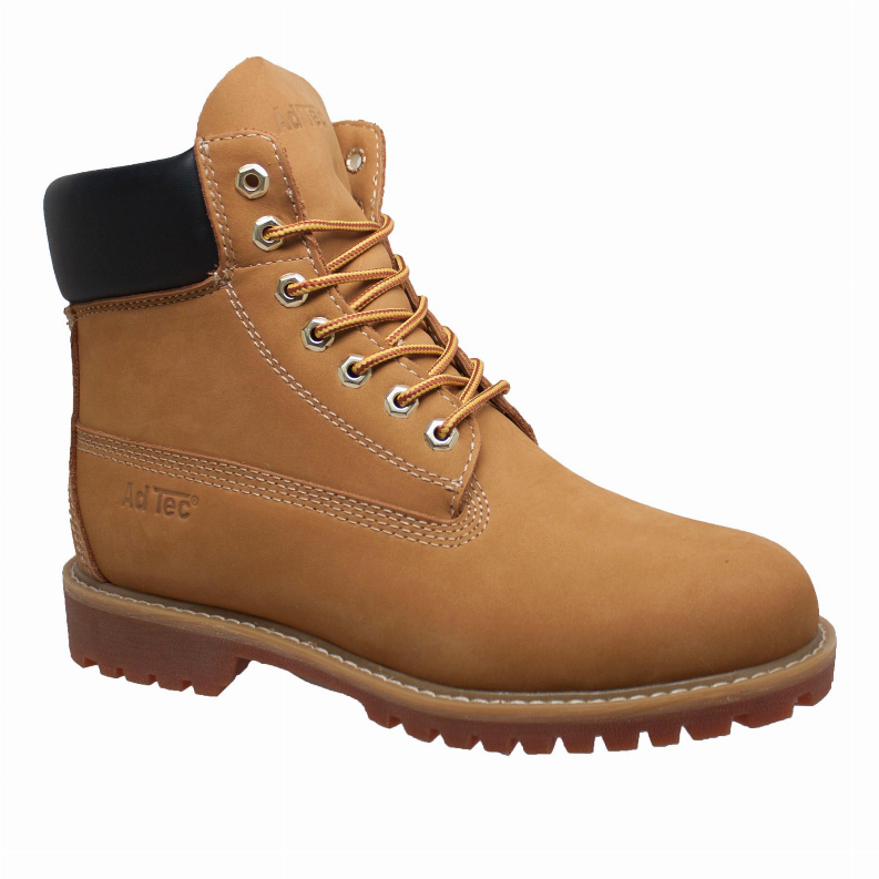 Tan work boot with black ankle collar, lace-up eyelets, rugged rubber sole