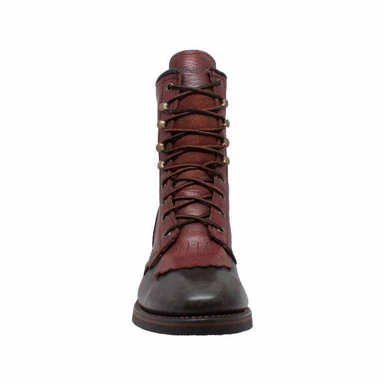 9-inch lace-up packer boots in burgundy with black toe and heel trim, front view