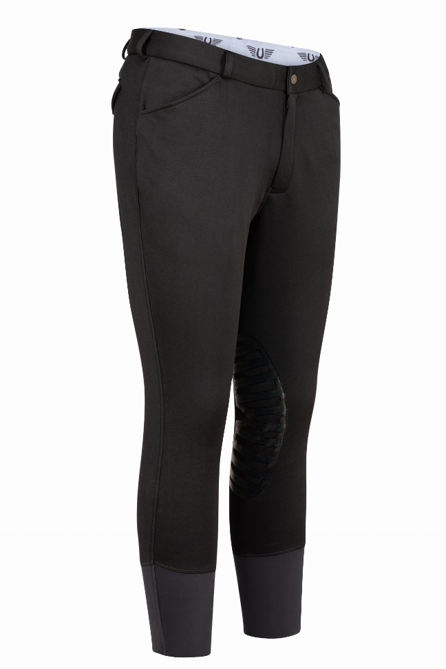 Men's black unifleece patrol breeches, angled side view with ribbed knee patches