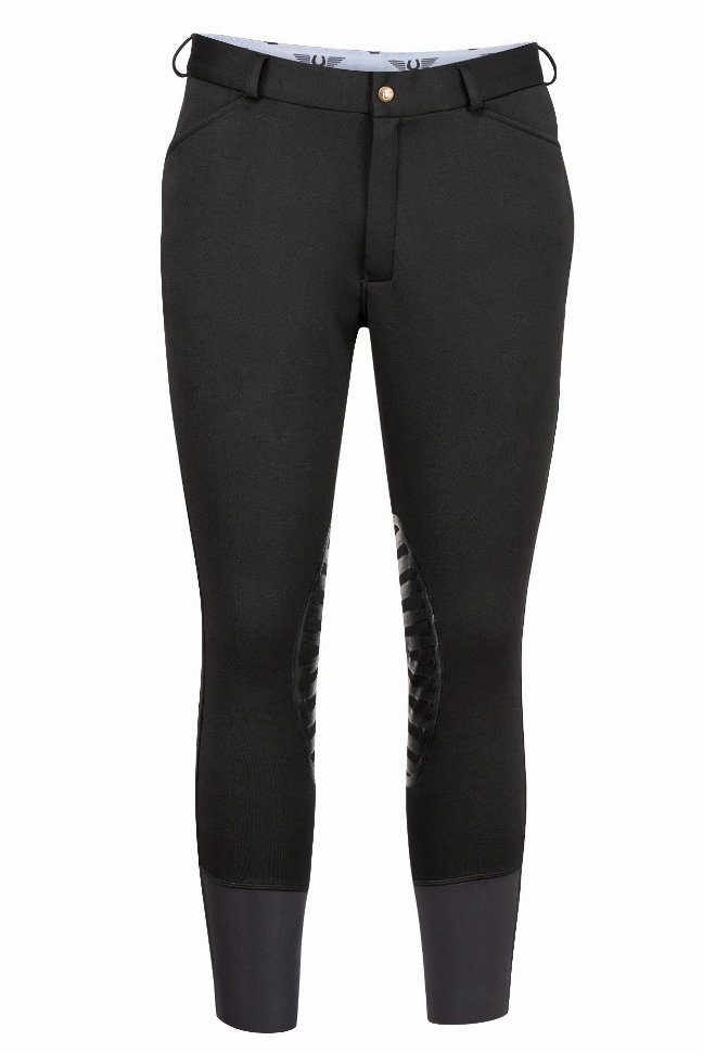 Men's black unifleece patrol breeches, front view with snap waistband and pockets