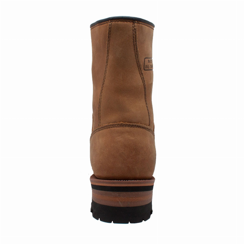 Men's 9-inch logger boots heel view in tan suede with padded collar and tread sole.