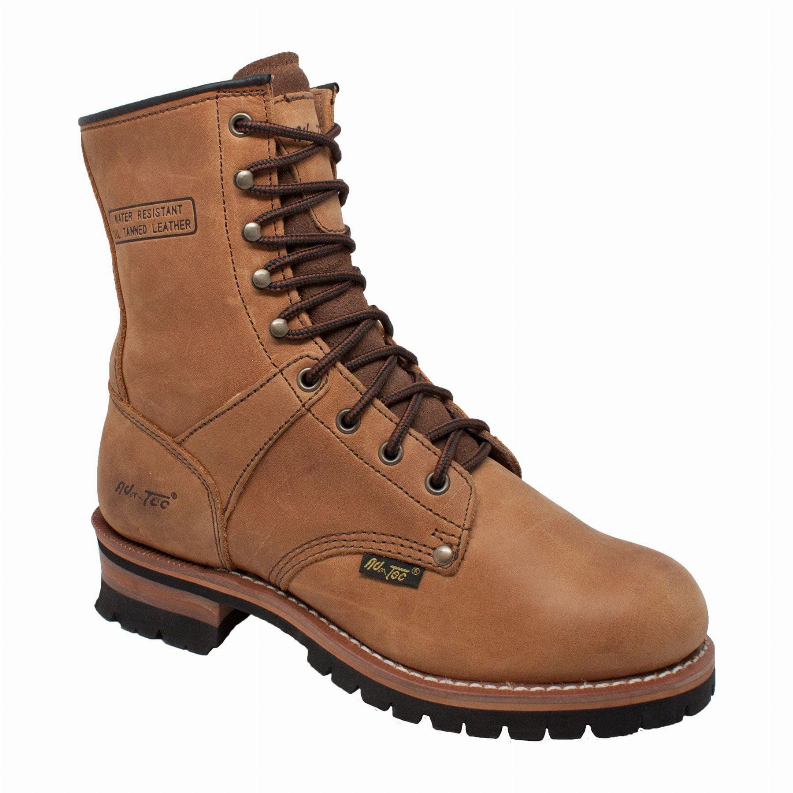 Men's 9-inch logger boots angled side view in tan suede with lace-up and thick sole.