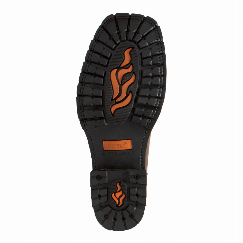 Work boot outsole with flame logo and rugged tread, dark rubber