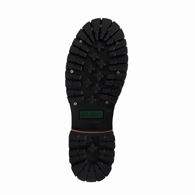 Men's 9-inch logger boot outsole with deep black tread and green branding patch