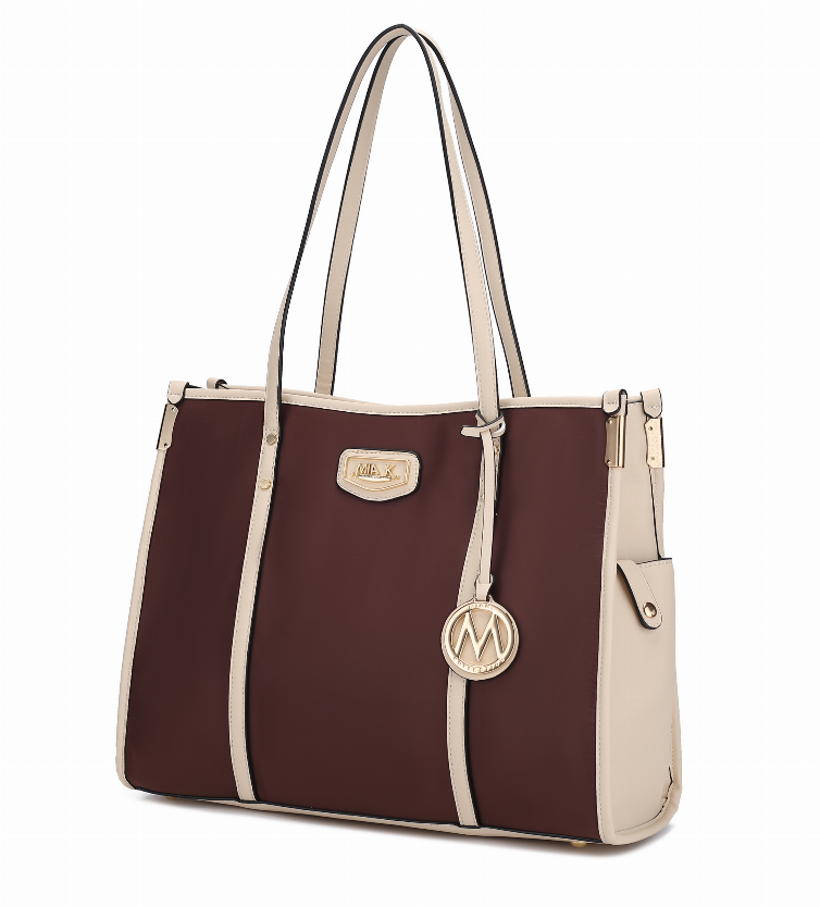 Oversize tote bag, dark maroon with light trim, front logo patch and side strap detail