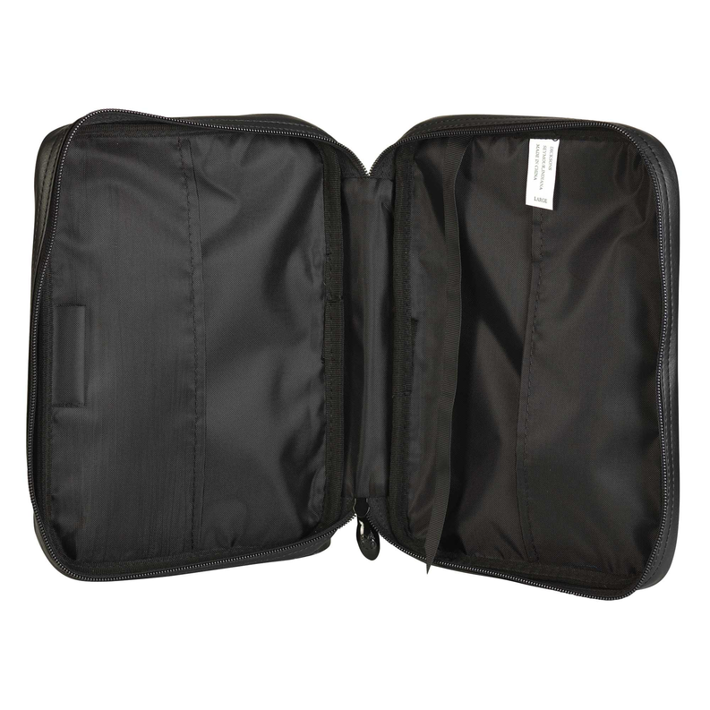 Open bible cover interior with two compartments and zipper track