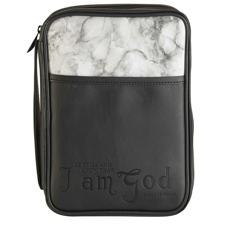 Bible cover: black faux-leather with marble-look panel and “Be still, know that I am”