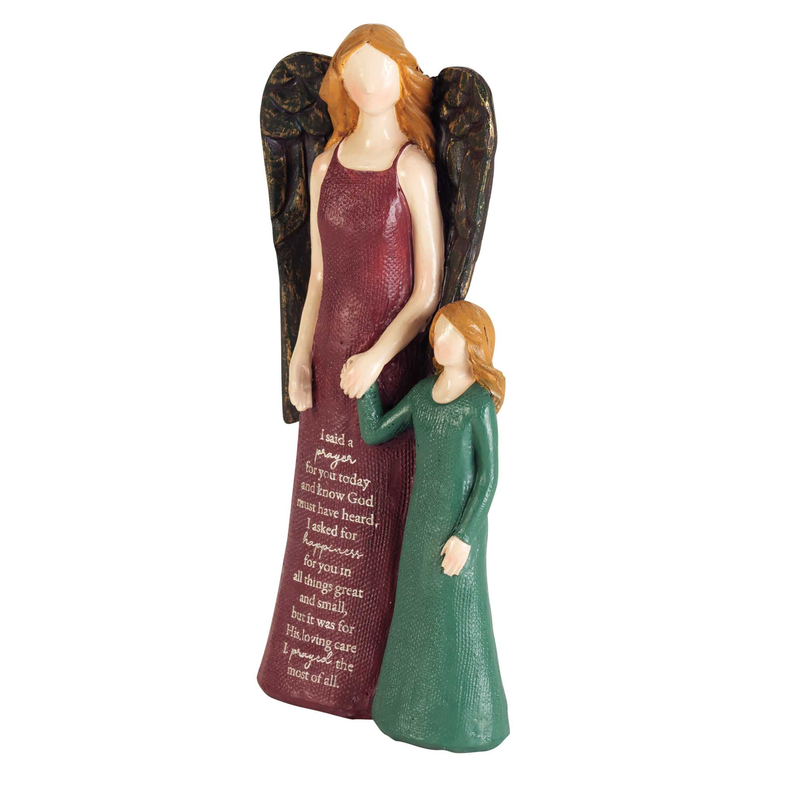 Angel figurine with girl at side, maroon gown, green dress, prayer verse detailing