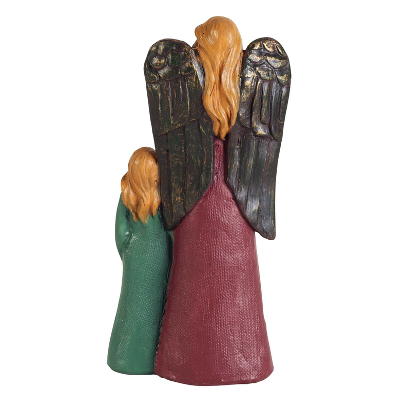 Angel figurine viewed from behind with two girls, maroon gown and green dresses