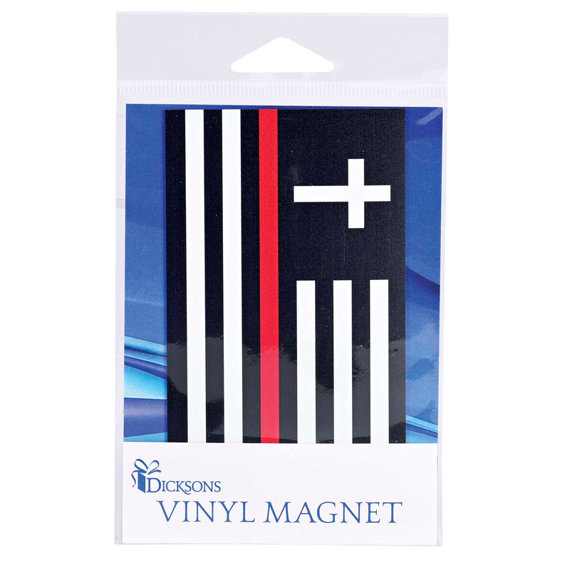 Packaged firefighter vinyl magnet with white cross and red, white, and blue stripes
