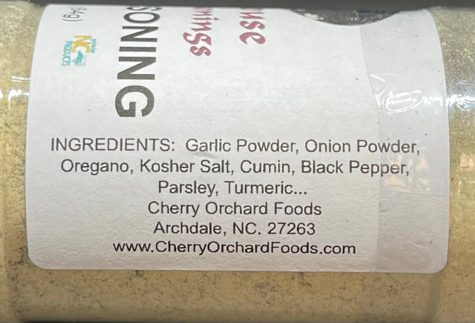 Cuban seasoning back label with ingredient list, including garlic powder and onion powder