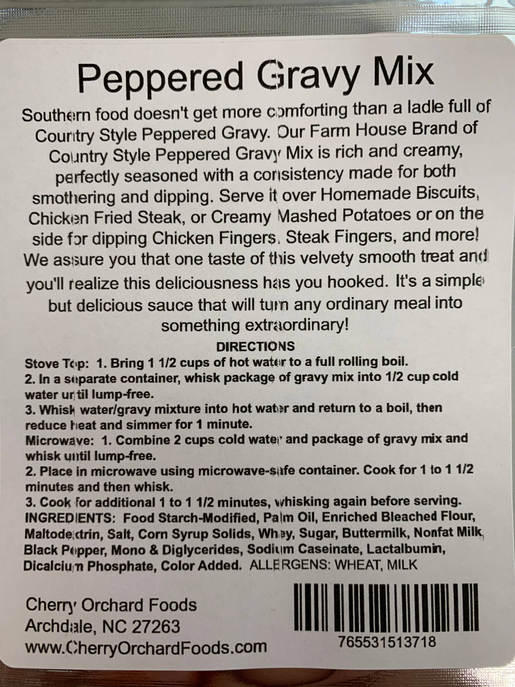 Peppered gravy mix package back label with directions, ingredients, and barcode