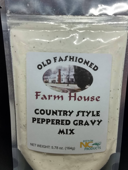 Peppered gravy mix stand-up pouch with Old Fashioned Farm House label