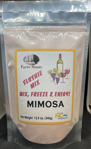 Mimosa slushie mix in silver pouch with Farm House label and net weight 12 oz