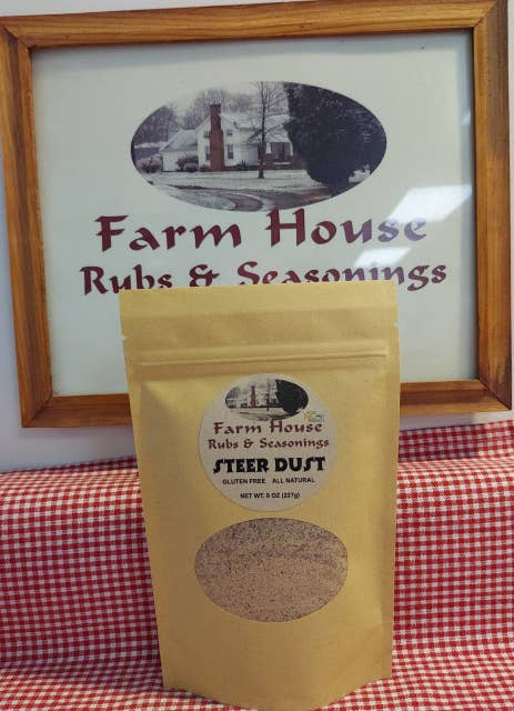 Steer dust seasoning in brown kraft pouch with label and round product window