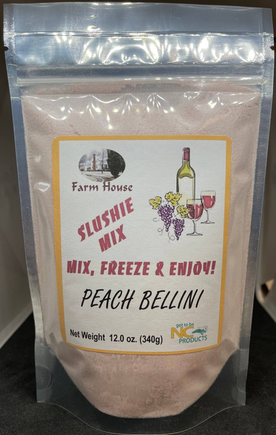 Peach Bellini slushie mix pouch in resealable foil bag, net weight 12 oz