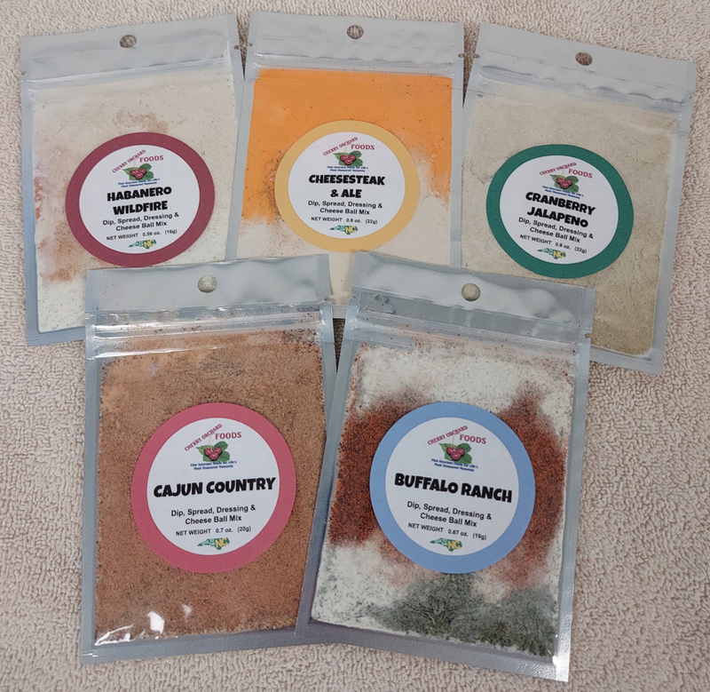 Assorted dip mix seasoning packets: Habanero Wildfire, Cheesesteak, Cranberry Jalapeno