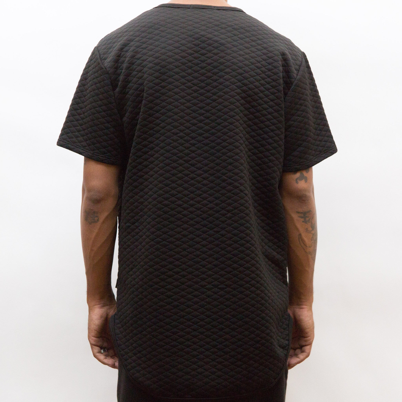 Quilted scallop T-shirt, dark quilted texture, crew neck, short sleeves, back view