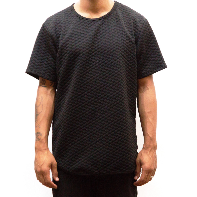 Quilted scallop tee, dark charcoal, crew neck with quilted pattern, front view