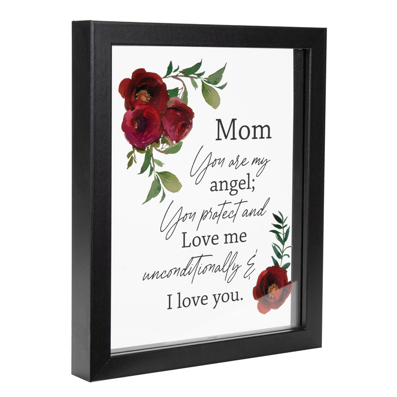 Black framed wall art with red roses and a Mom angel quote